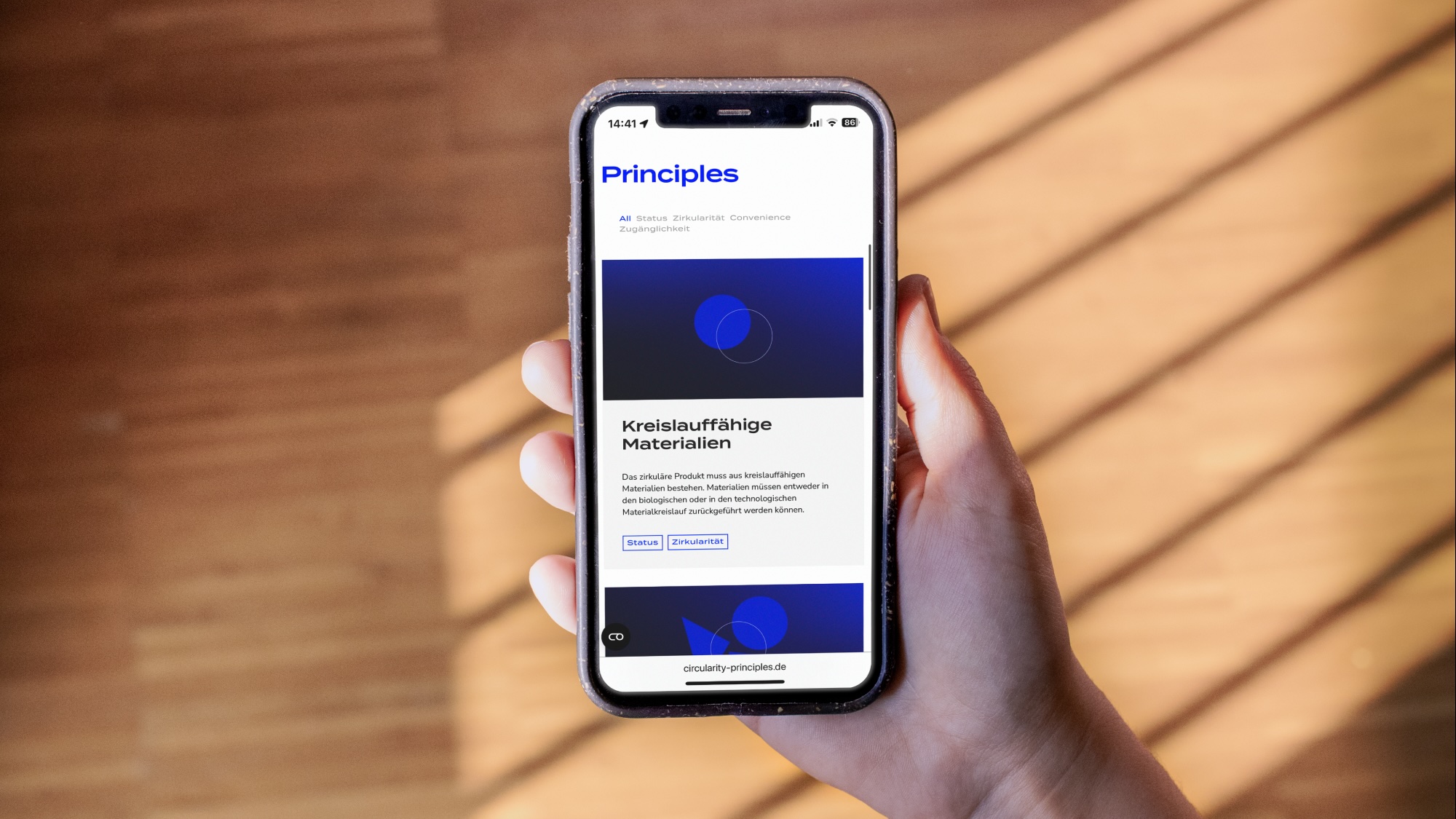 Hand mit Smartphone, zeigt einen Ausschnitt der Website Circularity Principles zu den Filterm&ouml;glichkeiten