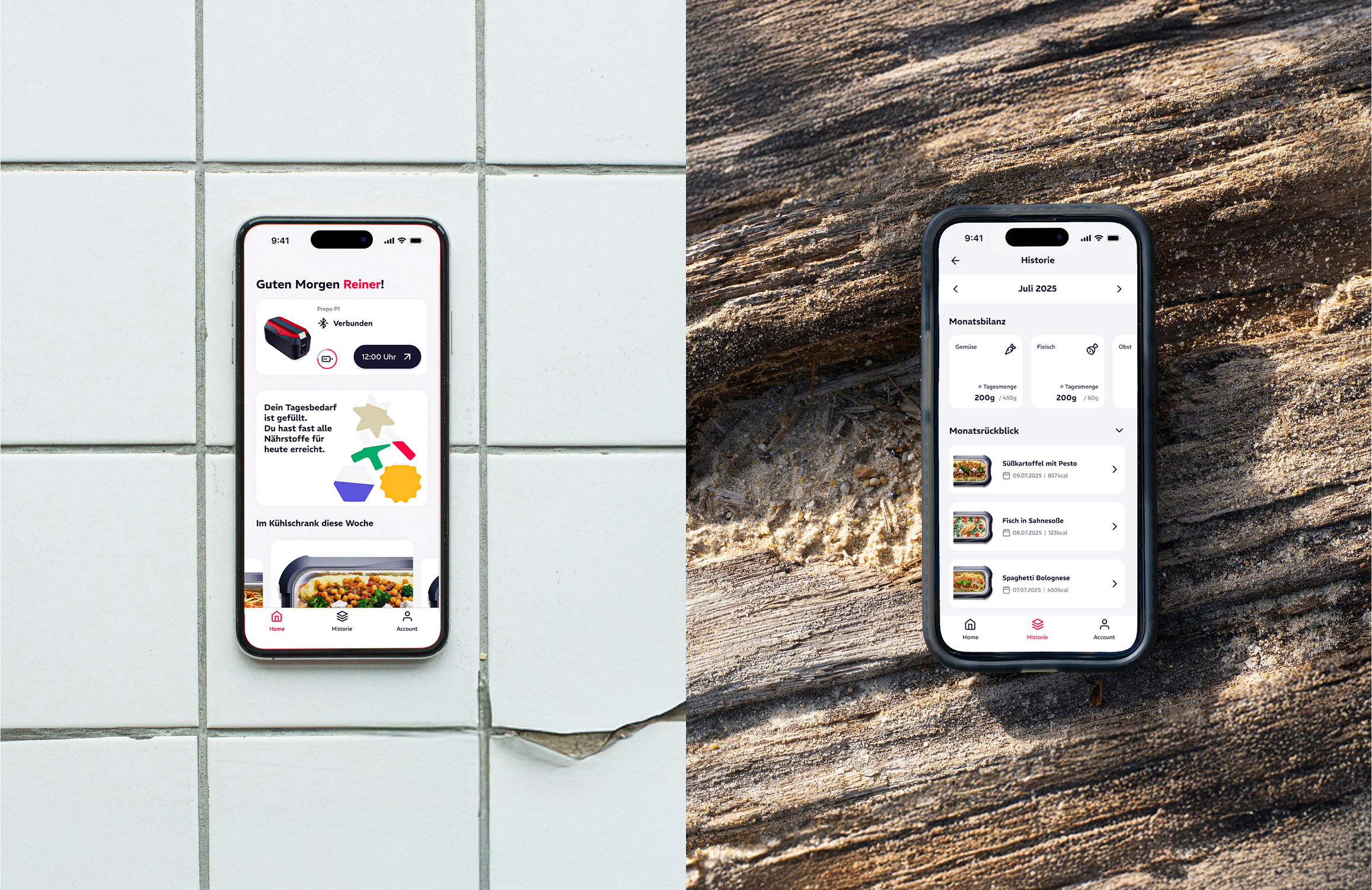 Smartphone auf unterschiedlichem Untergrund zeeigt PREPO App