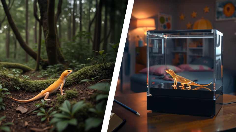WildLive Hologramm-Tierpatenschaft für das beste Erlebnis auch im Kinderzimmer. Ein Gecko Hologramm in einem Glasswürfel für den Schreibtisch