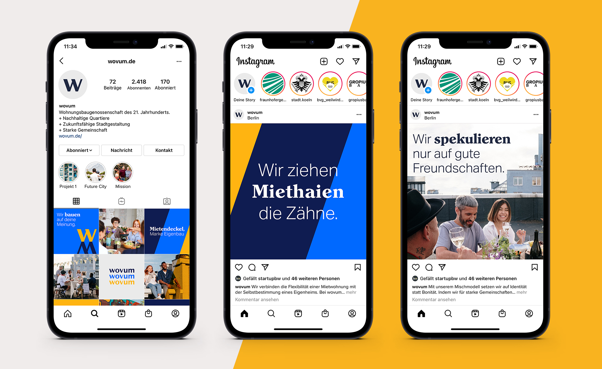 The image shows three phone mockups showcasing the social media part of the wovum communication strategy.